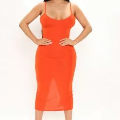 Fashion Nova Add Some Spice Midi Dress - Red Orange