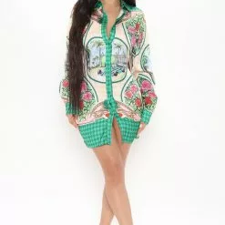 Fashion Nova Feeling Lucky Satin Shirt Dress - Green/combo