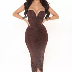 Fashion Nova Ruched Everywhere Midi Dress - Brown -Fashion Nova Dresses Shop 01 14 21Studio2 MS SD 11 45 46 15 YUN333 Brown 12504 JK