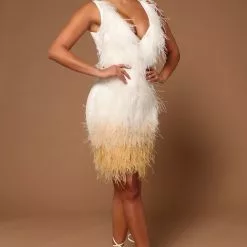 Fashion Nova Jackie Feather Mini Dress - White/Gold