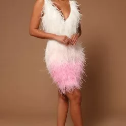 Fashion Nova Jackie Feather Mini Dress - White/Pink