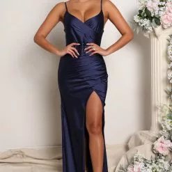 Fashion Nova Luxe Nights Satin Maxi Dress - Navy