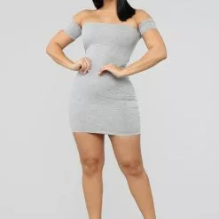 Fashion Nova Simple Dreams Off Shoulder Mini Dress - Heather Grey