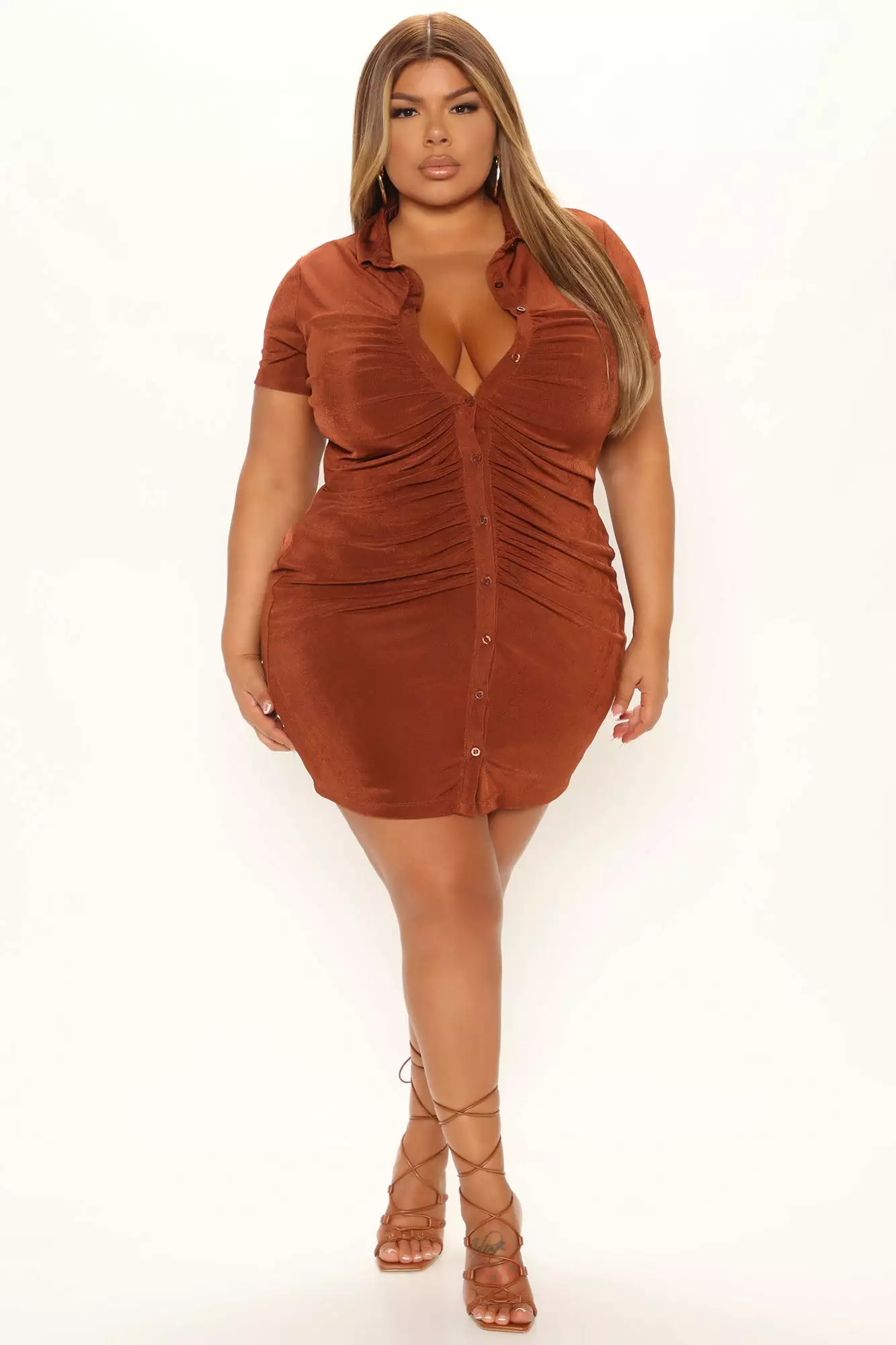 Fashion Nova Janelle Ruched Shirt Dress - Cognac 7 Fashion Nova Janelle Ruched Shirt Dress - Cognac - Image 5