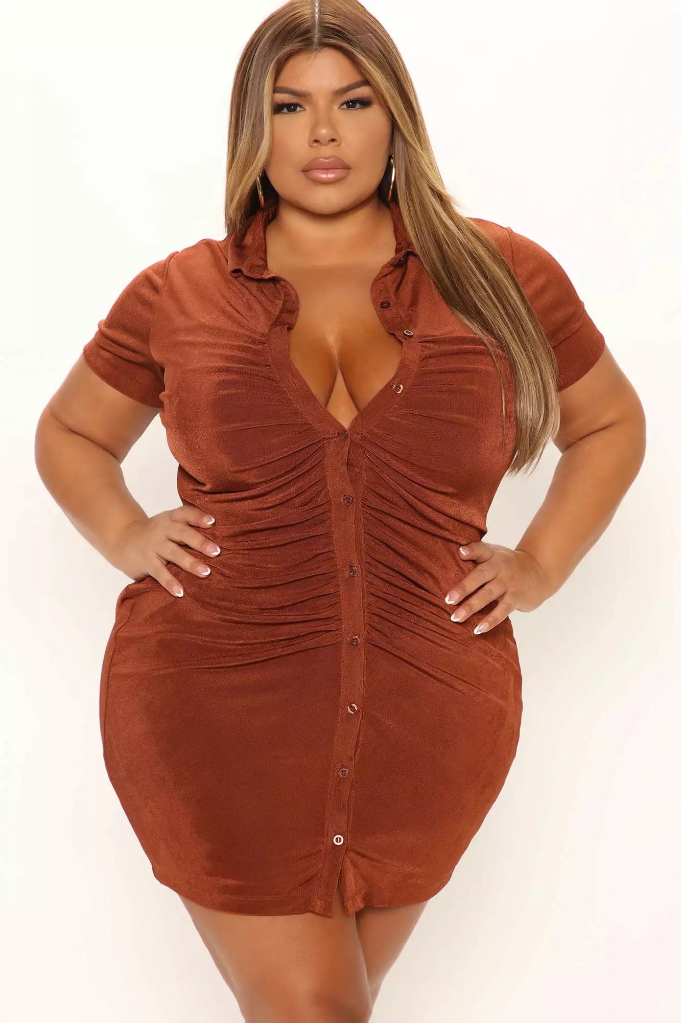 Fashion Nova Janelle Ruched Shirt Dress - Cognac 8 Fashion Nova Janelle Ruched Shirt Dress - Cognac - Image 6