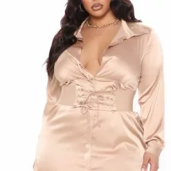 Fashion Nova First Priority Satin Mini Shirt Dress - Mocha -Fashion Nova Dresses Shop 02 26 21Studio3 MS JH 13 30 26 66 PIDD04 Mocha 0617 PLUS RA