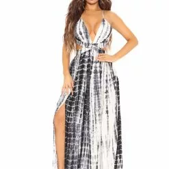 Fashion Nova Carlina Tie Dye Maxi Dress - Black/White