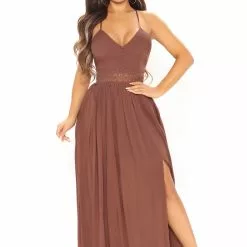 Fashion Nova Holy Slit Sleeveless Maxi Dress - Brown