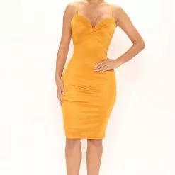 Fashion Nova All Chill Slinky Midi Dress - Mustard