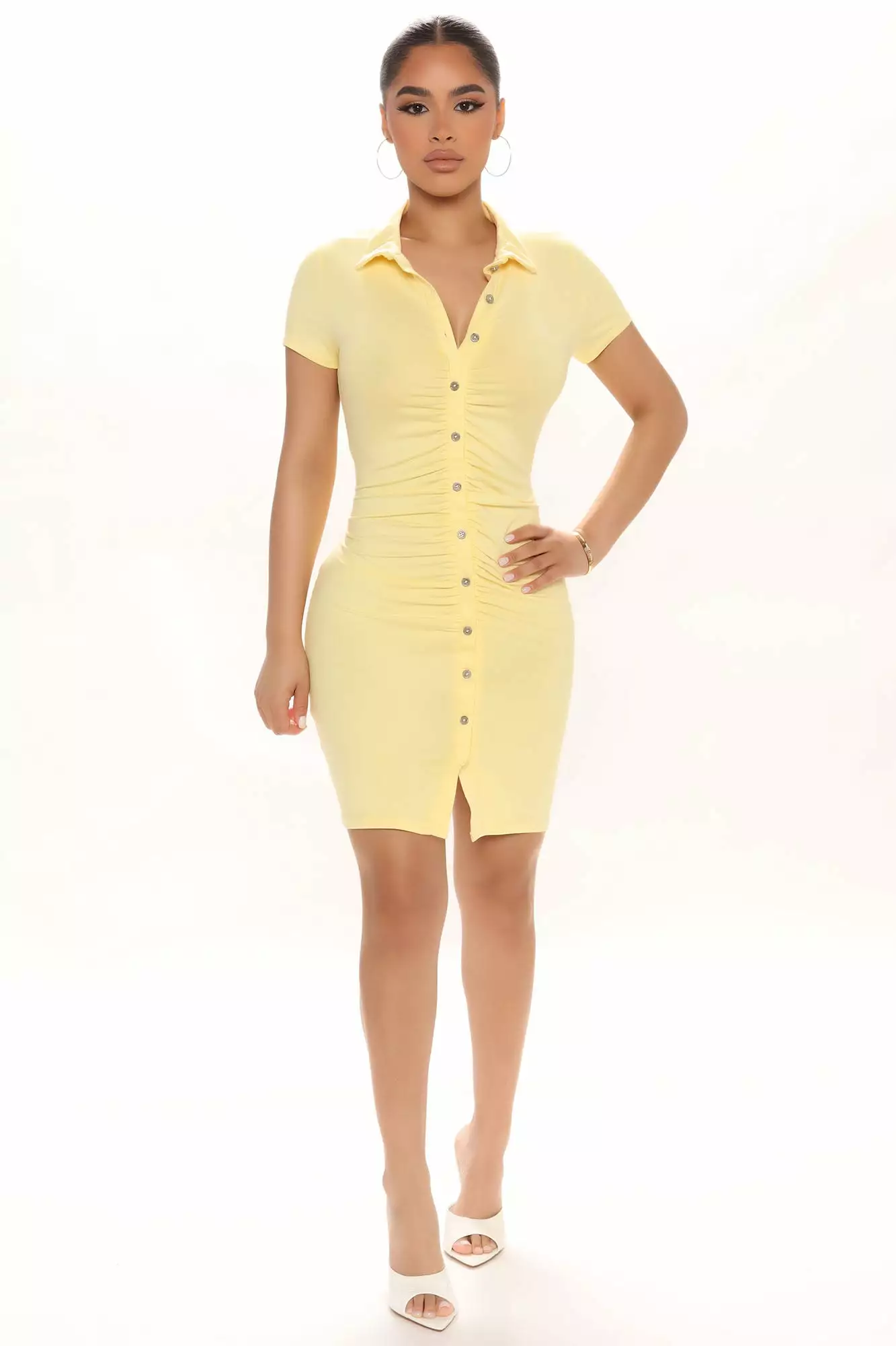 Fashion Nova Ralene Ruched Shirt Dress - Yellow 4 Fashion Nova Ralene Ruched Shirt Dress - Yellow - Image 2