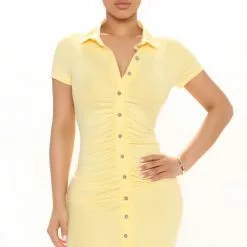 Fashion Nova Ralene Ruched Shirt Dress - Yellow