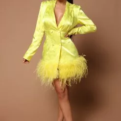 Fashion Nova Brianna Feathered Blazer Dress - Neon Yellow