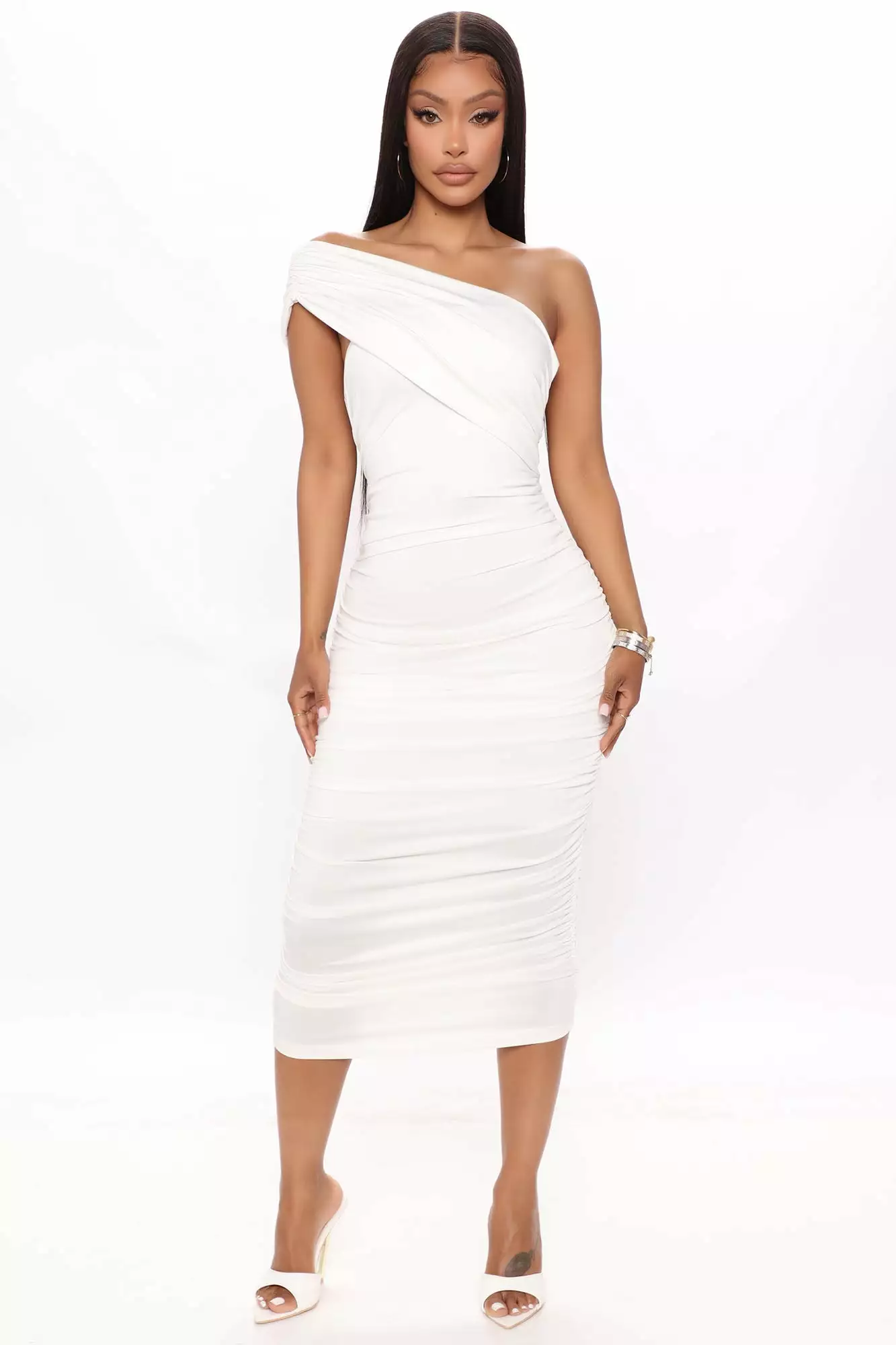 Fashion Nova Emmalyn Ruched Midi Dress - White 3 Fashion Nova Emmalyn Ruched Midi Dress - White