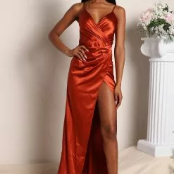 Fashion Nova Just Say Yes Satin Maxi Dress - Rust