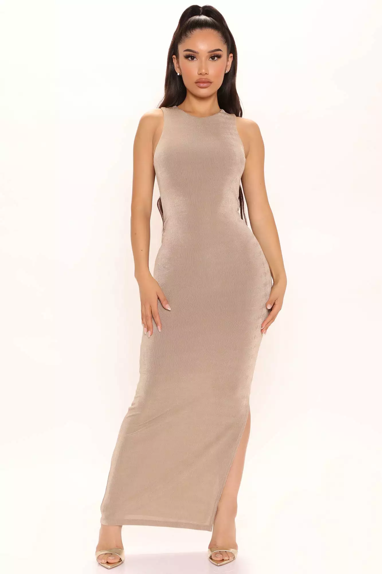 Fashion Nova Back In Town Slinky Maxi Dress - Taupe 3 Fashion Nova Back In Town Slinky Maxi Dress - Taupe