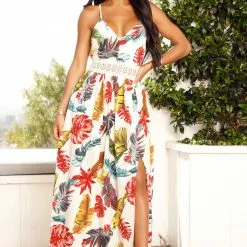 Fashion Nova Holy Slit Sleeveless Maxi Dress - Ivory/combo