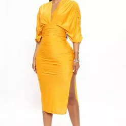 Fashion Nova Mandy Ruched Midi Dress - Mustard