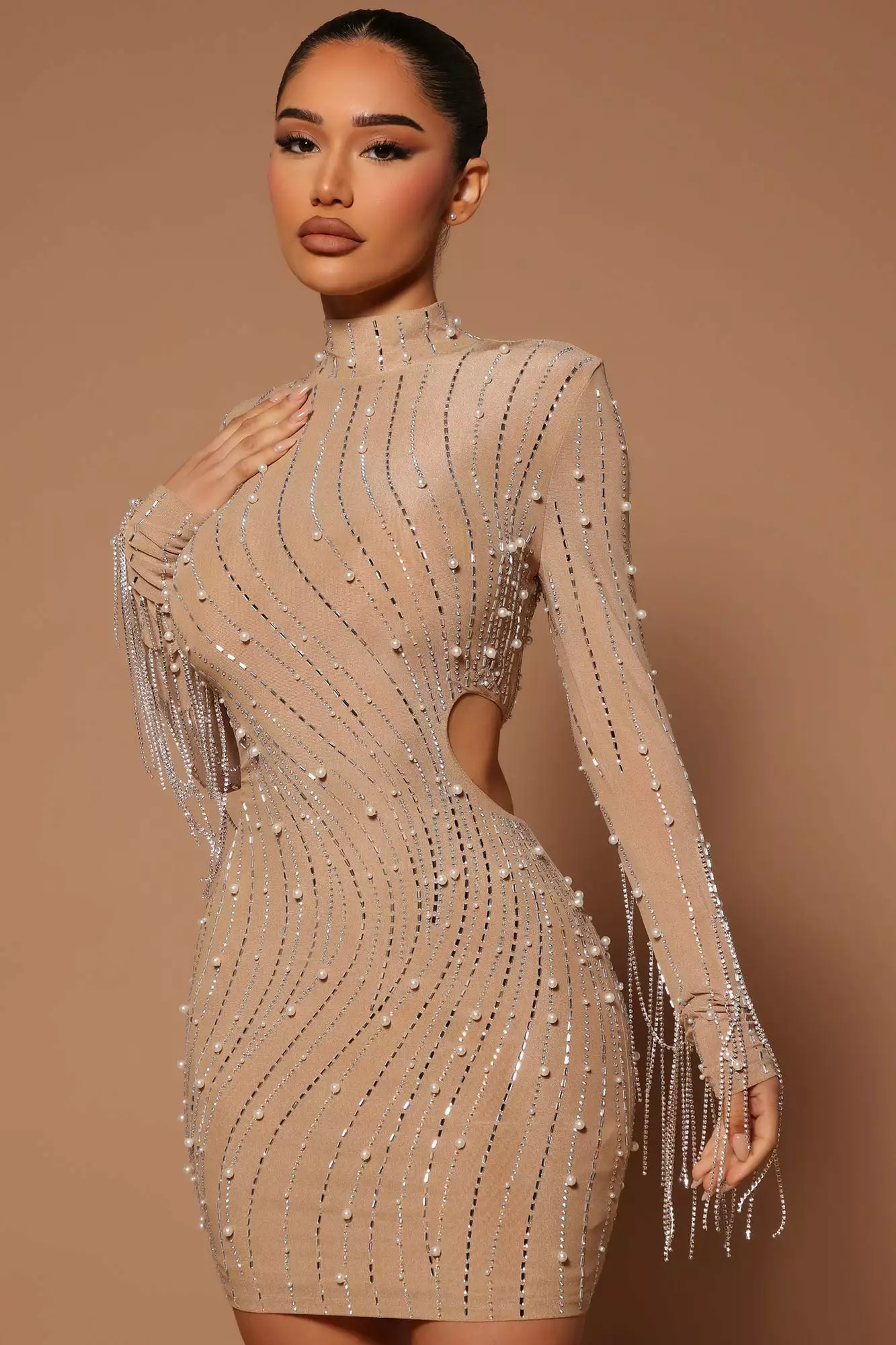 Fashion Nova Belinda Embellished Mini Dress - Nude 5 Fashion Nova Belinda Embellished Mini Dress - Nude - Image 3