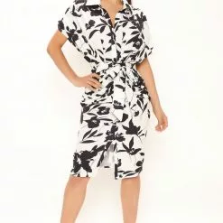 Fashion Nova Floral Emotions Shirt Dress - White/Black