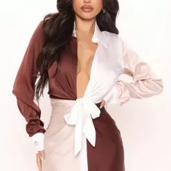 Fashion Nova Beauty Secrets Satin Mini Dress - Brown/combo -Fashion Nova Dresses Shop 04 21 22Studio2 SN RL 10 30 02 20 DR17351 Browncombo 0668 KS
