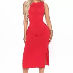 Fashion Nova Kora Keyhole Midi Dress - Red