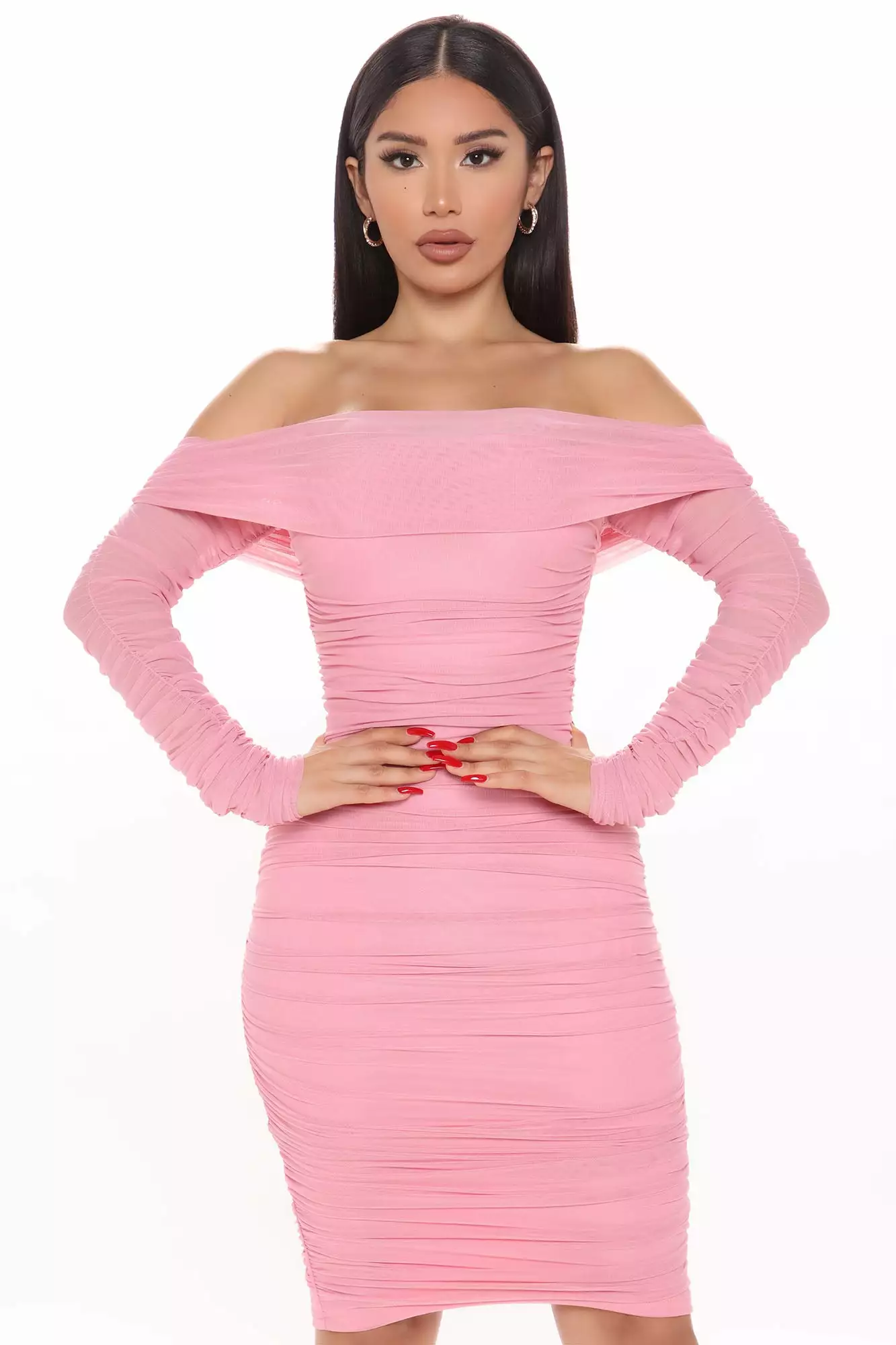 Fashion Nova Ready In A Ruched Off Shoulder Midi Dress - Pink 5 Fashion Nova Ready In A Ruched Off Shoulder Midi Dress - Pink - Image 3