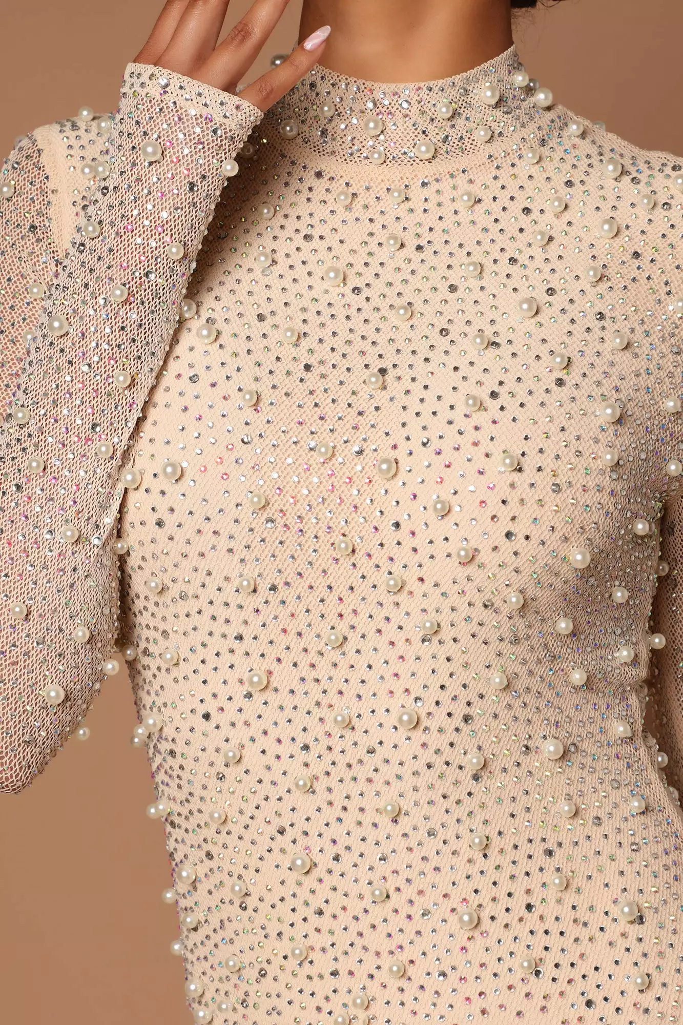 Fashion Nova Shayla Pearl Embellished Mini Dress - Beige 4 Fashion Nova Shayla Pearl Embellished Mini Dress - Beige - Image 2