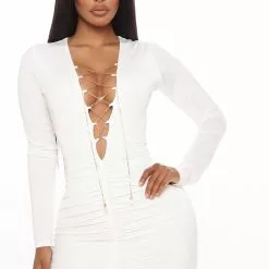 Fashion Nova Chain The Trend Ruched Mini Dress - White -Fashion Nova Dresses Shop 05 07 20Studio1 RM CP 12 30 04 30 DWFS0329 White 3785 RA