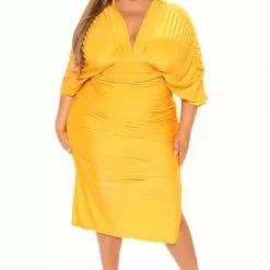 Fashion Nova Mandy Ruched Midi Dress - Mustard -Fashion Nova Dresses Shop 05 20 22Studio2 KJ KP 10 31 24 6 FS21F888 Mustard 0918 PLUS PB