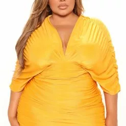 Fashion Nova Mandy Ruched Midi Dress - Mustard -Fashion Nova Dresses Shop 05 20 22Studio2 KJ KP 10 31 32 6 FS21F888 Mustard 0922 PLUS SG
