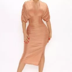 Fashion Nova Mandy Ruched Midi Dress - Peach