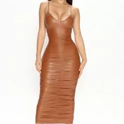 Fashion Nova No Feelings Faux Leather Midi Dress - Cognac