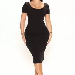 Fashion Nova Cara Ribbed Midi Dress - Black