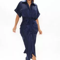 Fashion Nova Stuck In The City Satin Midi Dress - Navy