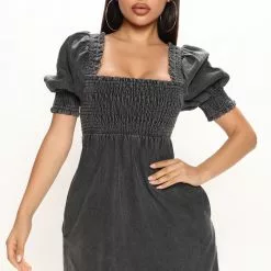 Fashion Nova The Moment Denim Babydoll Mini Dress - Black