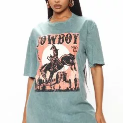 Fashion Nova The Round Up Washed T-Shirt Dress - Teal