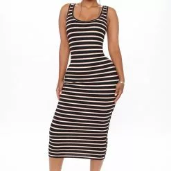 Fashion Nova She Loves Stripes Midi Dress - Black/combo