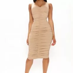 Fashion Nova Ellie Ruched Midi Dress - Taupe