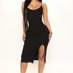 Fashion Nova Faye Ribbed Midi Dress - Black