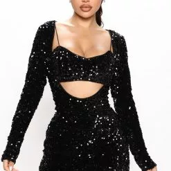 Fashion Nova Saturday Night Glam Sequin Dress Set - Black