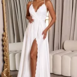 Fashion Nova Lace Dream Satin Maxi Dress - White