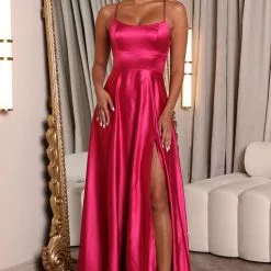 Fashion Nova Clara Satin Maxi Dress - Hot Pink