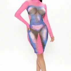 Fashion Nova Body Illusion Mesh Mini Dress - Royal/combo