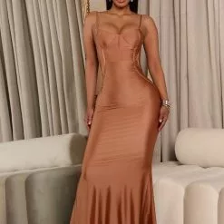 Fashion Nova Shine And Fine Backless Maxi Dress - Bronze