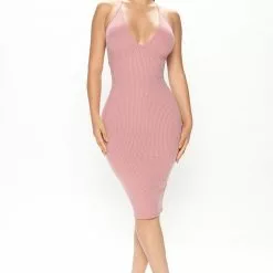 Fashion Nova Carli Ribbed Midi Dress - Rose
