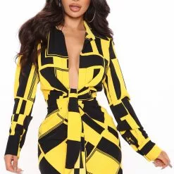 Fashion Nova Playing The Part Shirt Dress - Black/Yellow