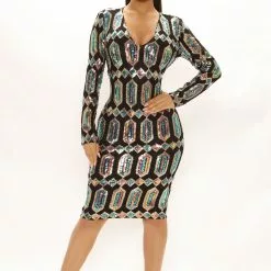 Fashion Nova Art Deco Sequin Midi Dress - Black