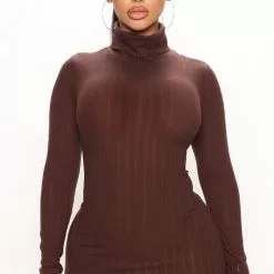 Fashion Nova Vivian Turtleneck Mini Dress - Chocolate