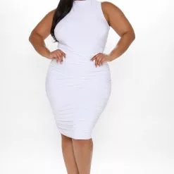 Fashion Nova Perfectly Polished Ruched Midi Dress - White -Fashion Nova Dresses Shop 07 24 20Studio3 MA CP 14 46 54 66 D10635 White 0202 PLUS WG