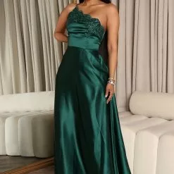 Fashion Nova Blair Satin Maxi Dress - Emerald